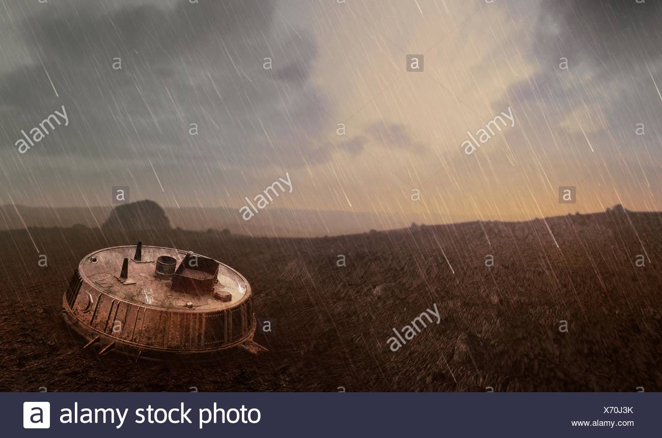 Sonde Huygens Auf Titan Artwork Der Huygens Sonde Auf Der Oberflache Von Titan Der Grosste Mond Des Ringplaneten Saturn Gesehen Im Himmel Huygens Wurde Entwickelt Um Eine Landung Auf Entweder Eine Feste Oder