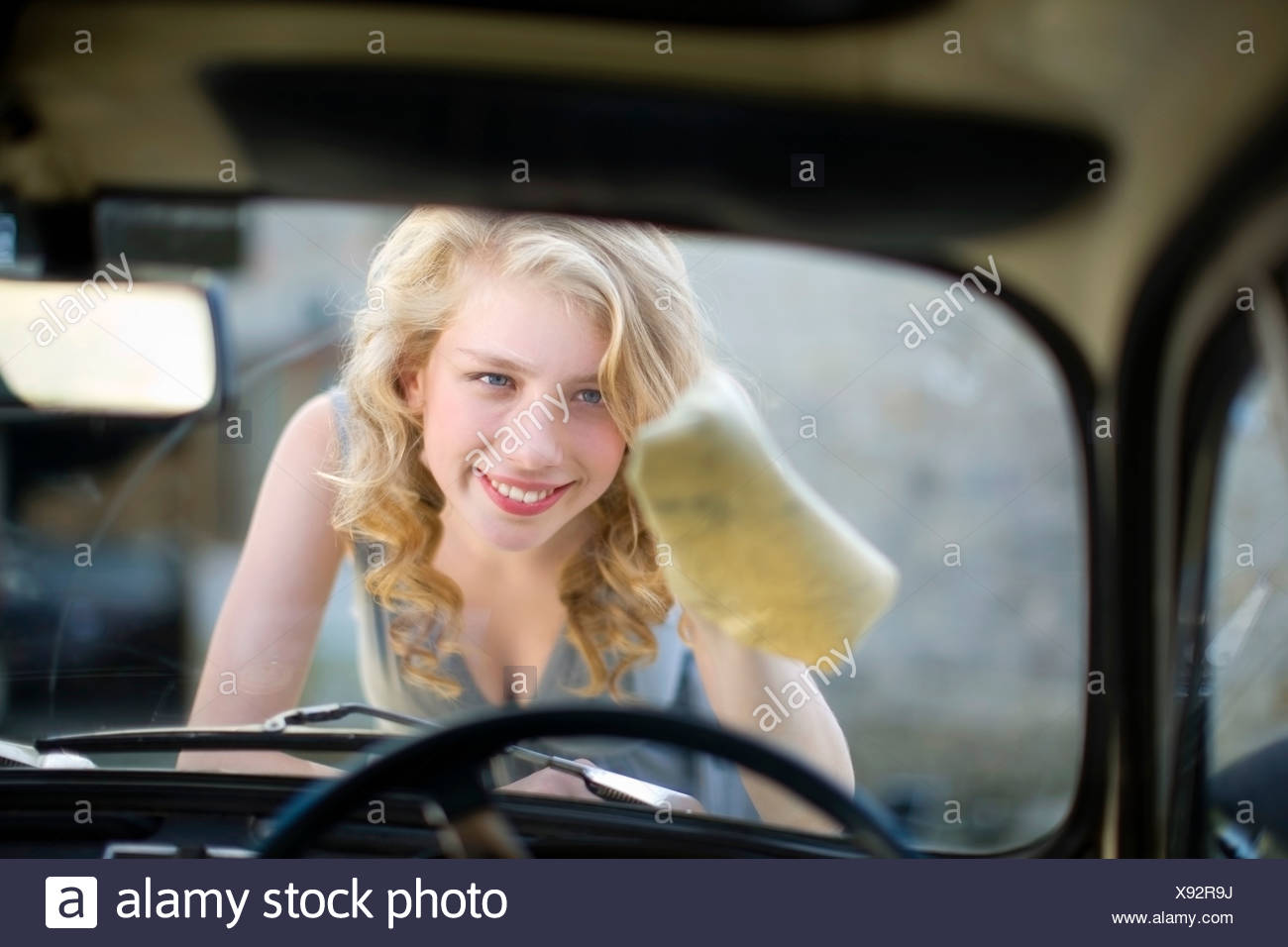 Woman Interior Car Cleaning Stockfotos Woman Interior Car