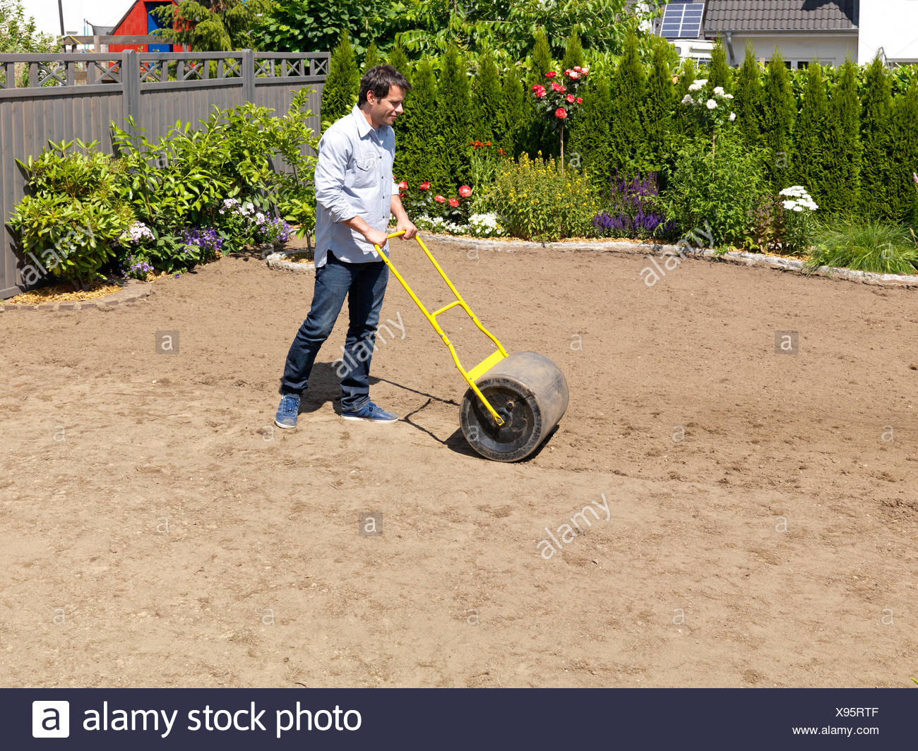 Rasen Lay Garten Mann Walze Rolle Stockfoto Bild 281026271