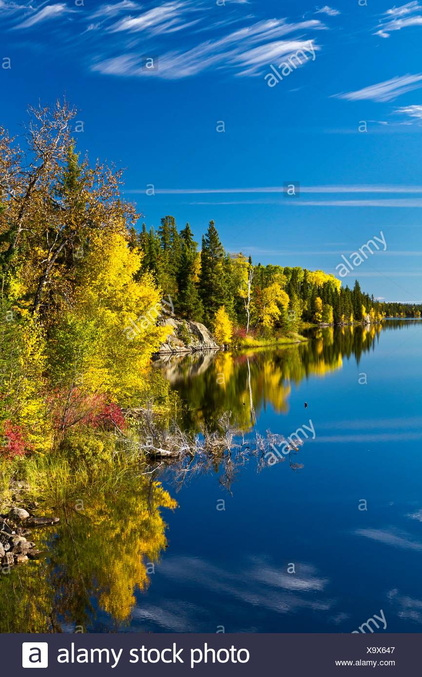 Eine Nordlichen Manitoba Landschaft Herbst Laub Farbe Und Reflexionen In Einem Kleinen See In Der Nahe Von Flin Flon Manitoba Kanada Stockfotografie Alamy