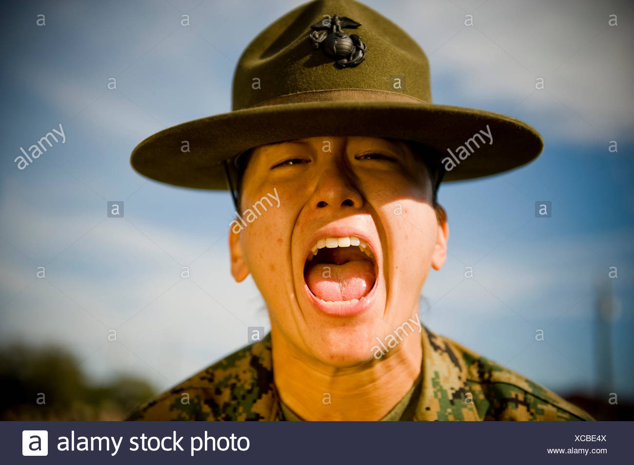 Ein Marine Corps Bohren Feldwebel Schreit Bei Einem Rekruten In Der Grundausbildung Sie Tragt Einen Traditionellen Kampagne Hut Mit Wald Tarnuniform Schlacht Kleid Stockfotografie Alamy