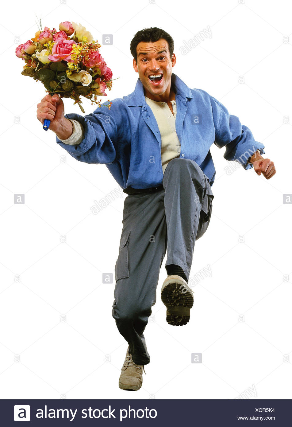Mann Fuhren Junge Blumenstrauss Glucklich Geste Bewegung Haste Manner Blumen Prasent Uberraschung Run Datum Engagement Nachdem Hetzen Beschleunigen Freude Glucklich Begeisterung Prejoy Studio Schneiden Outs Stockfotografie Alamy