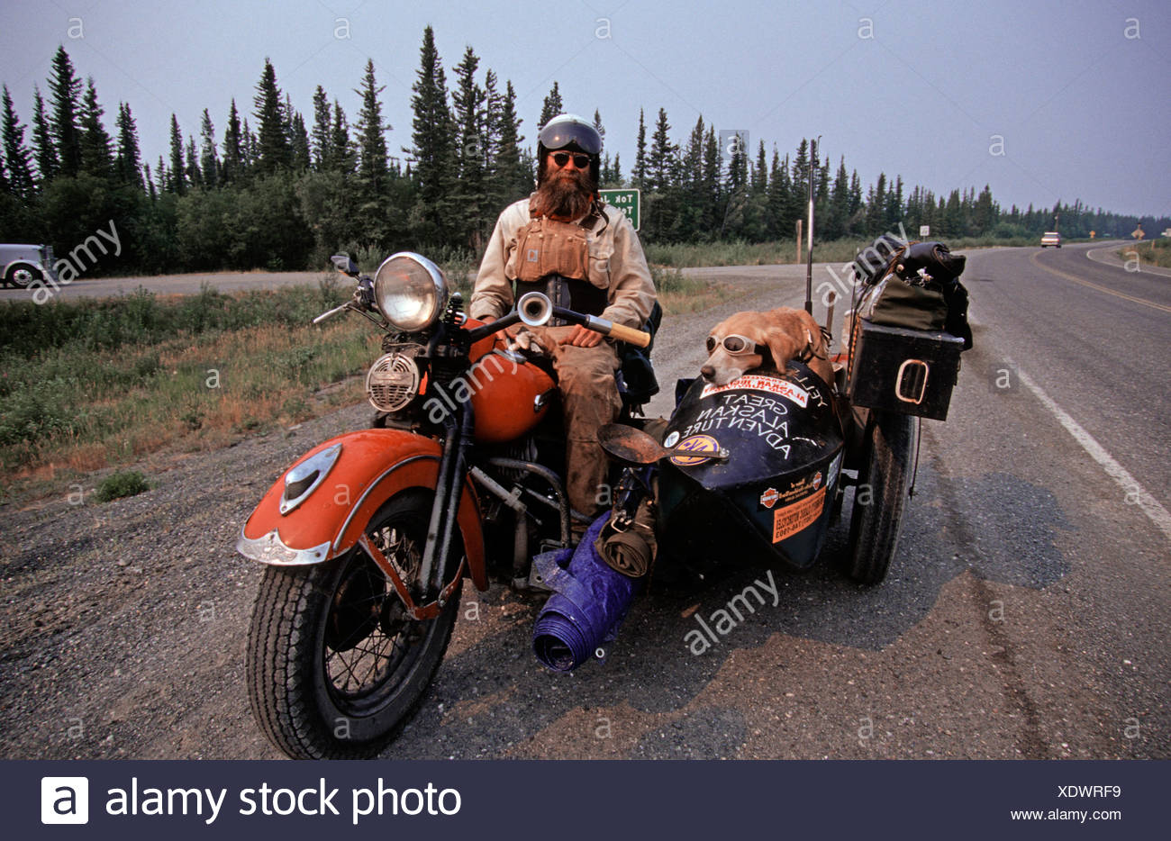 Mensch und Hund auf einem Motorrad, Reisende auf der Alaska Highway