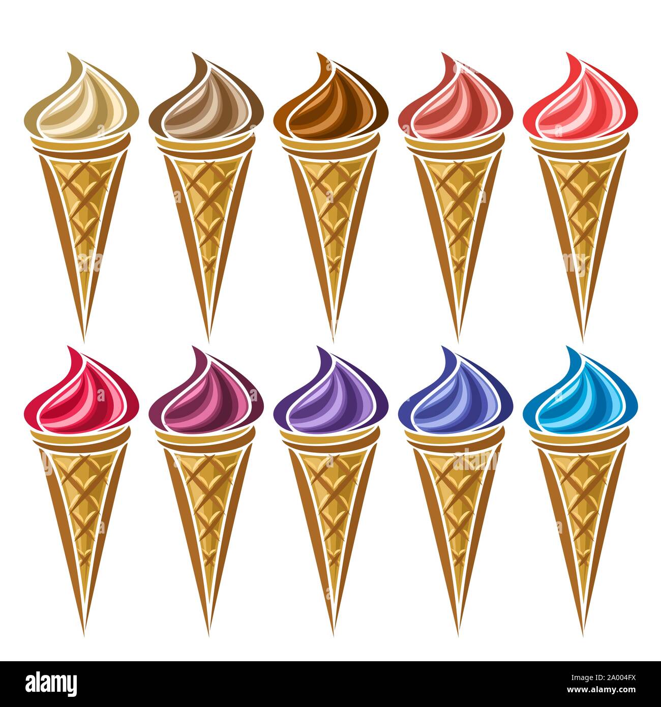 Set de vectores de helado en cono waffle: 10 conos de oblea con helado sabor diferente aislado sobre fondo blanco. Ilustración del Vector