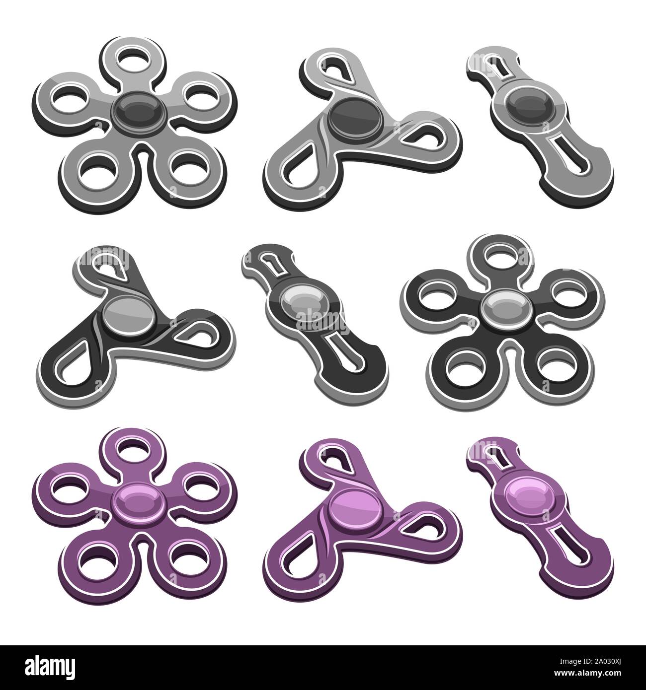 Set de vectores de metal molestar Spinners aislado sobre fondo blanco, morado anti estrés juguete pentagonal, iconos monocromo de mano popular molestar spinner. Ilustración del Vector