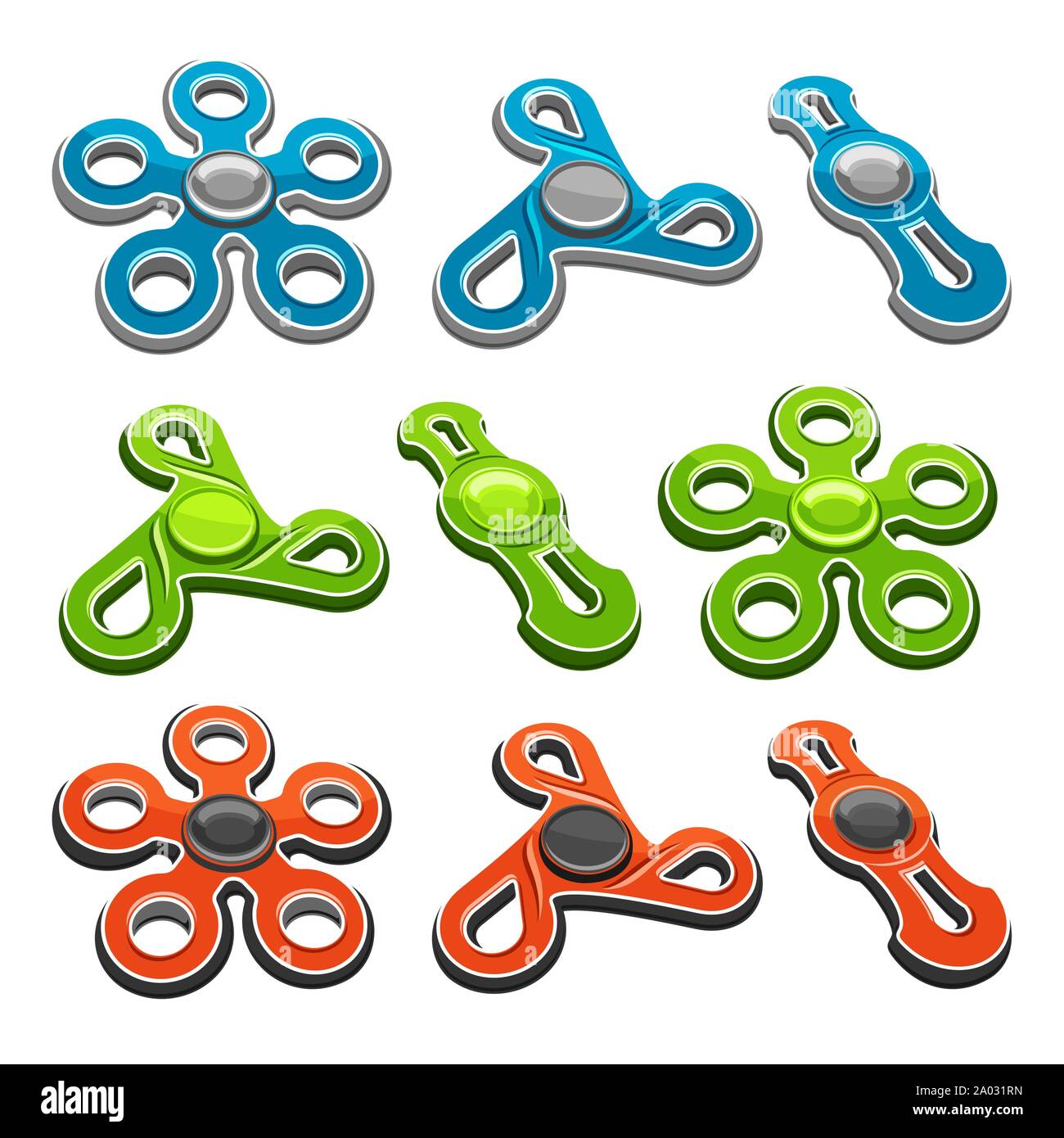 Set de vectores de coloridos molestar Spinners aislado sobre fondo blanco, azul anti estrés juguete pentagonal, icono verde de mano popular molestar spinner. Ilustración del Vector