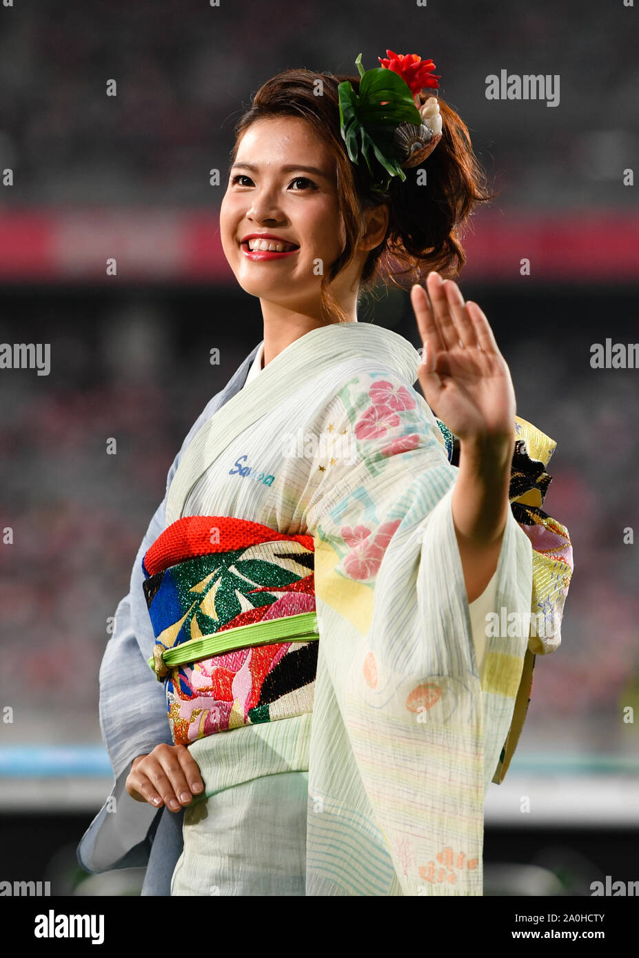 Pantalla de kimono japonés antes de la piscina de un partido entre Japón y  Rusia en el Estadio de Tokio, Tokio, Japón. Imagen Fecha: Viernes 20 de  septiembre de 2019. Consulte PA