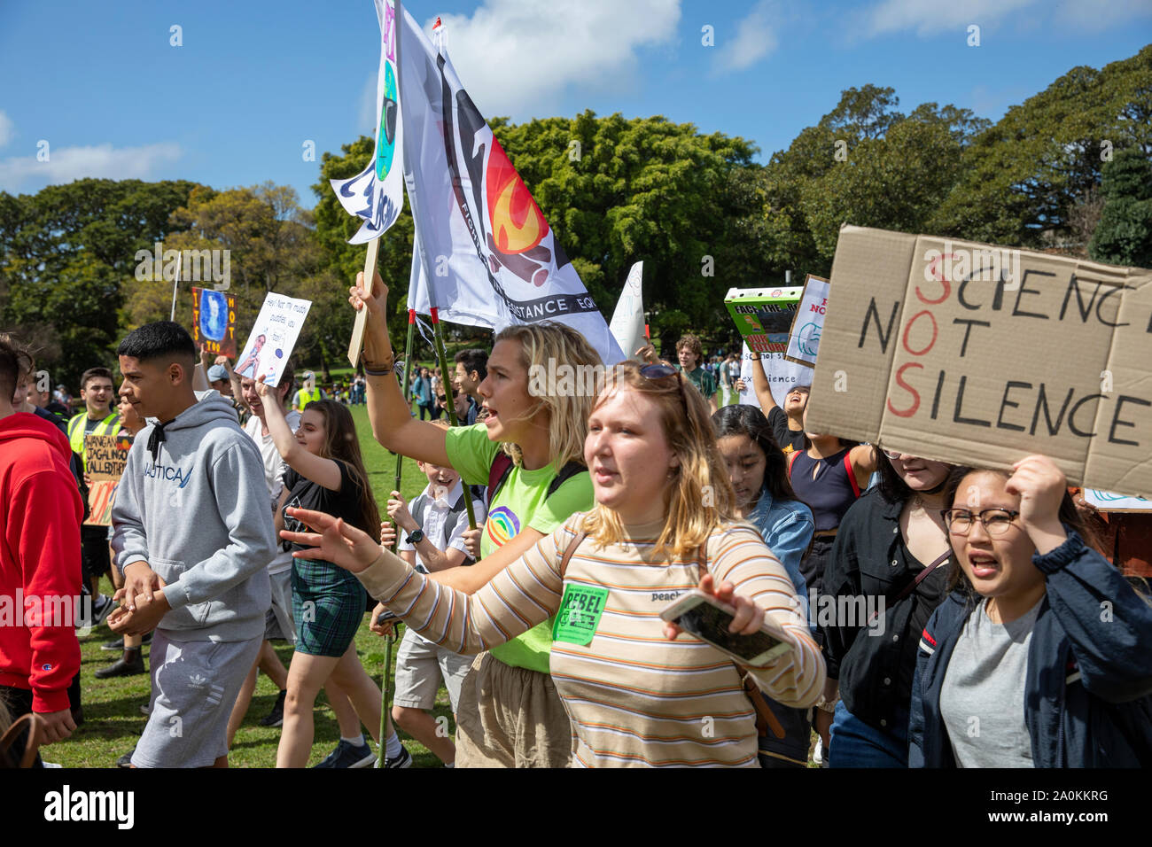 Los niños de la escuela el cambio climático protesta huelga rally en el dominio,Sydney,Australia en 2019 Foto de stock