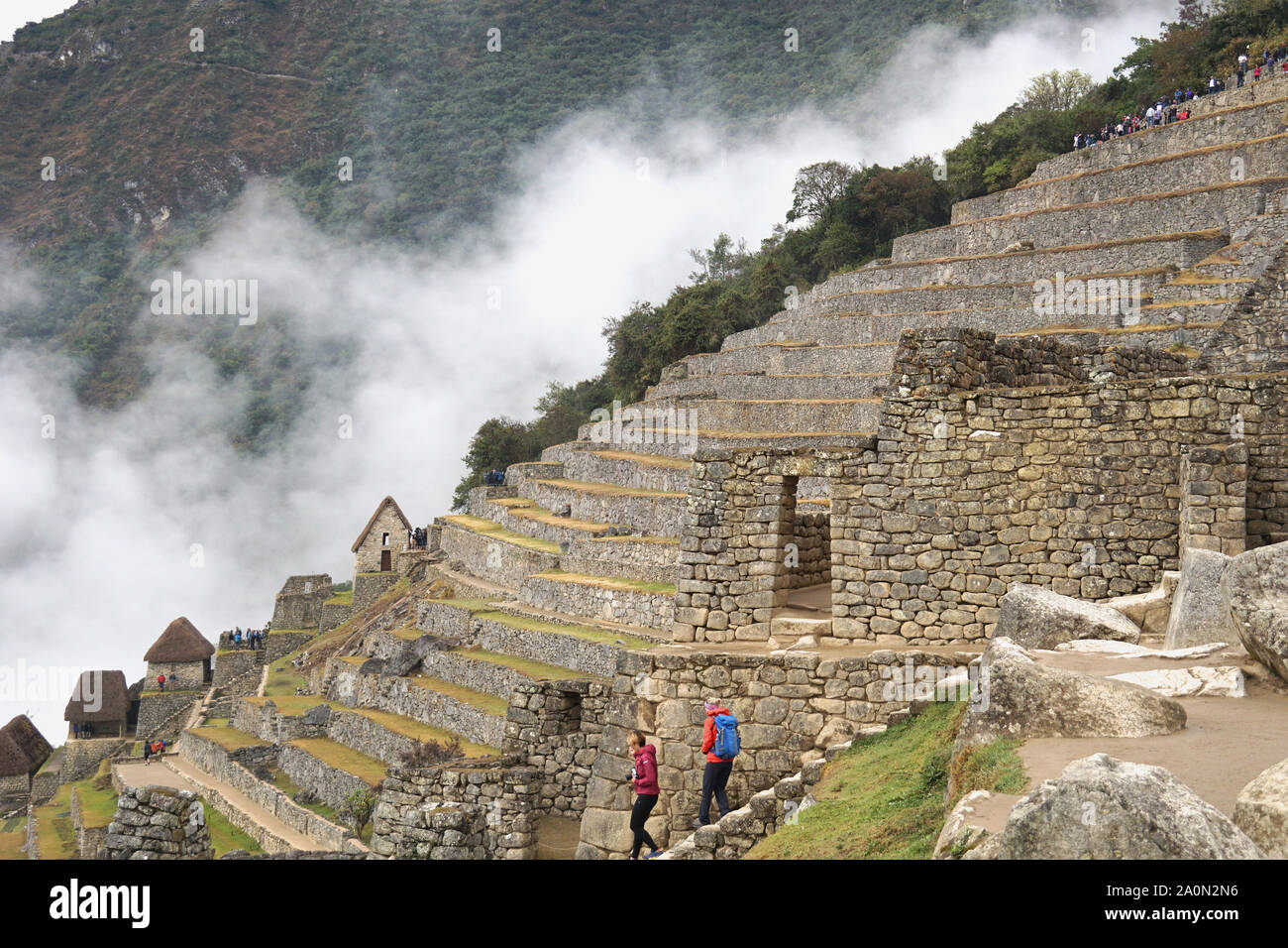 Machu Picchu es una ciudadela incaica en lo alto de la Cordillera de Los Andes en Perú, sobre el valle del Urubamba. Construido en el siglo XV y posteriormente abandonado, es célebre por sus sofisticados muros de piedra seca que el fusible enormes bloques sin el uso de mortero, fascinantes edificios que juegan en las alineaciones astronómicas y vistas panorámicas. Su antiguo uso exacto sigue siendo un misterio. Se encuentra 7,970 pies (2.430 metros) sobre el nivel del mar, en la vertiente oriental de la Cordillera de Los Andes Foto de stock