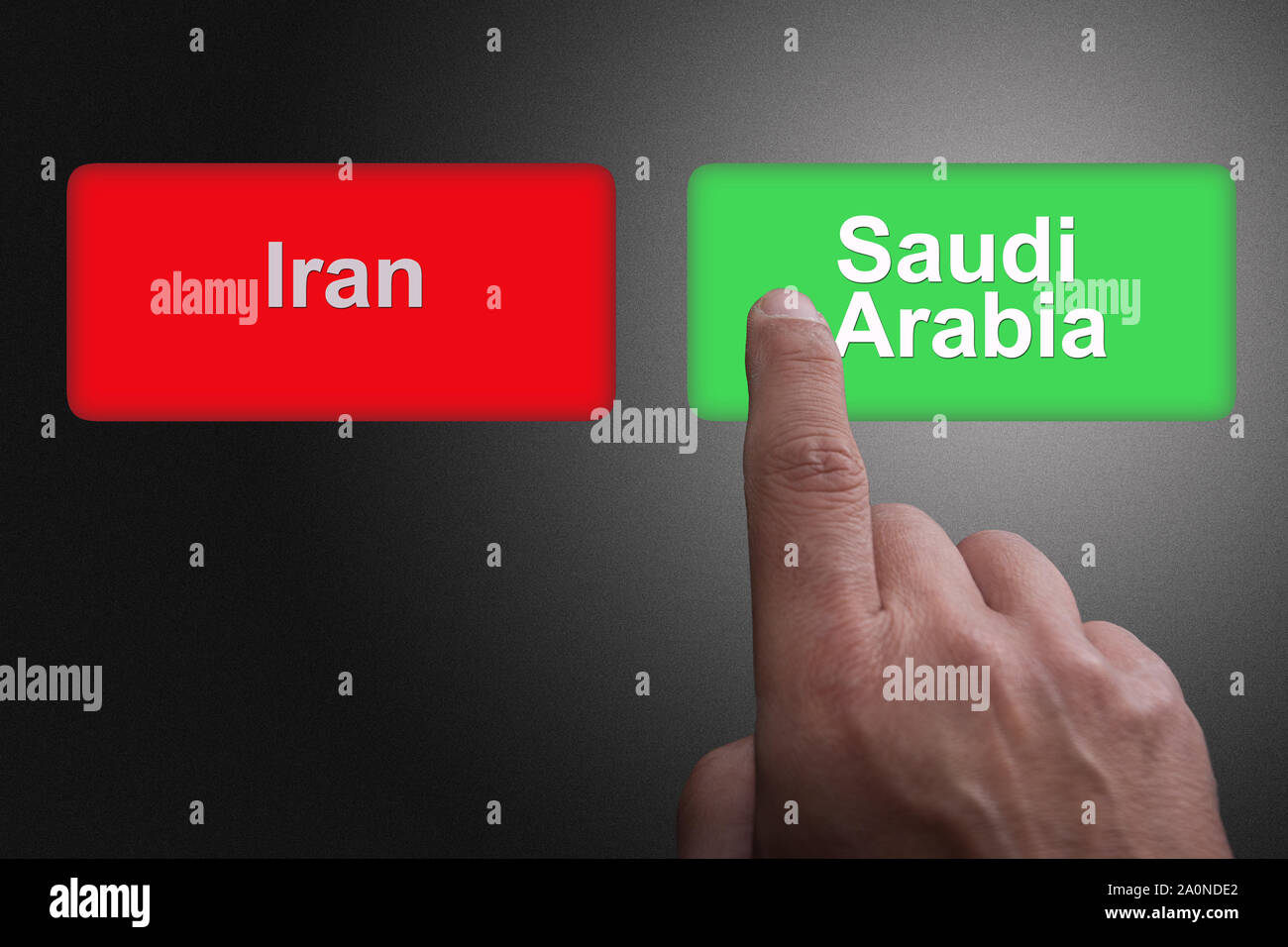 Botones con Arabia Saudí e Irán escritas y dedo señalador, sobre un fondo de gradiente gris: el concepto de elección de Arabia Saudita Foto de stock