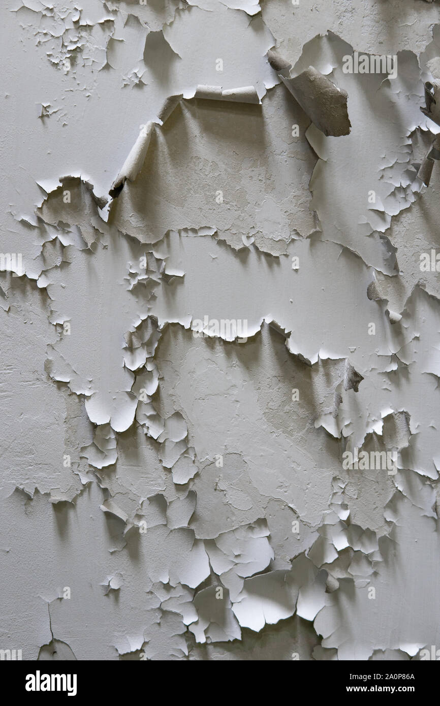 Pintura blanca en una pared que está agrietada y agrietada.