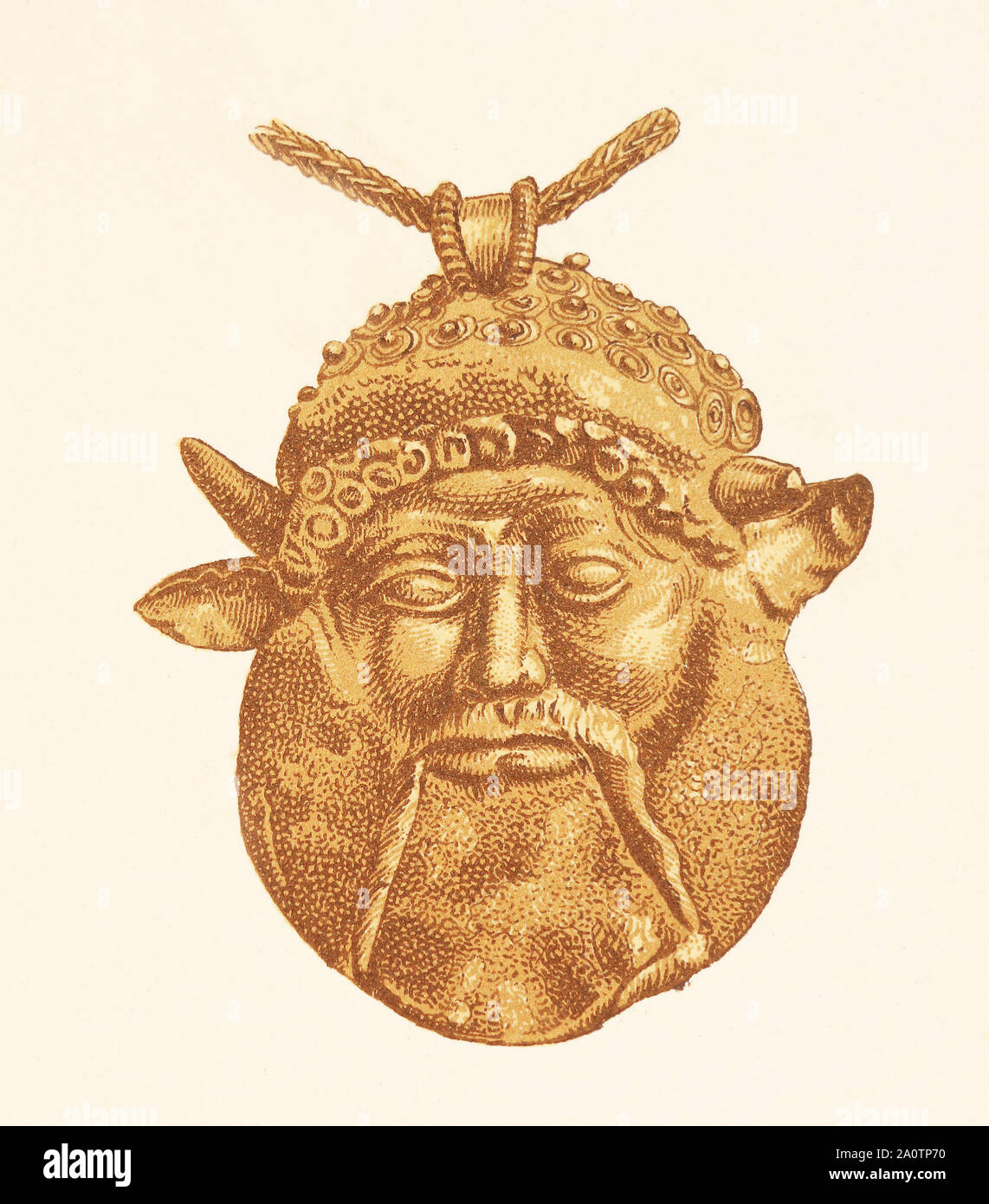 Colgante de oro de los etruscos. La litografía del siglo XIX. Foto de stock