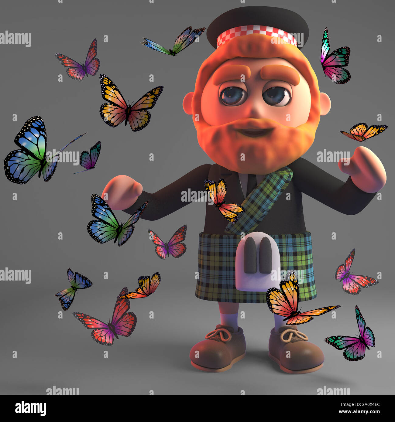 Hombre escocés de dibujos animados 3d en kilt con un sombrero de