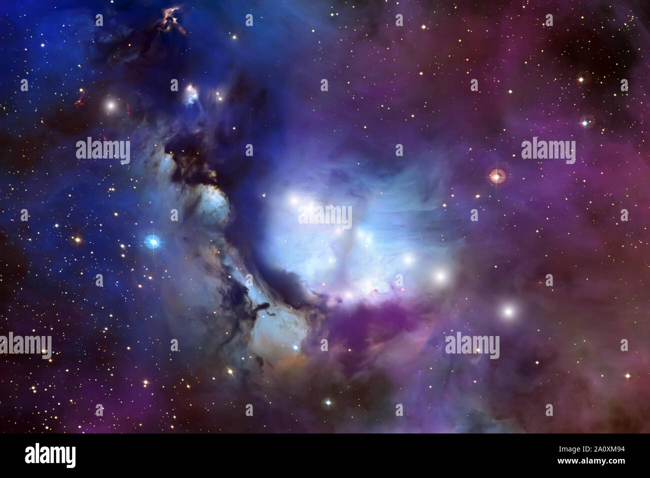 Brillante Estrella Nebulosa y nubes de polvo en el espacio ultraterrestre. Cosmos futurista universo paisaje. Foto de stock