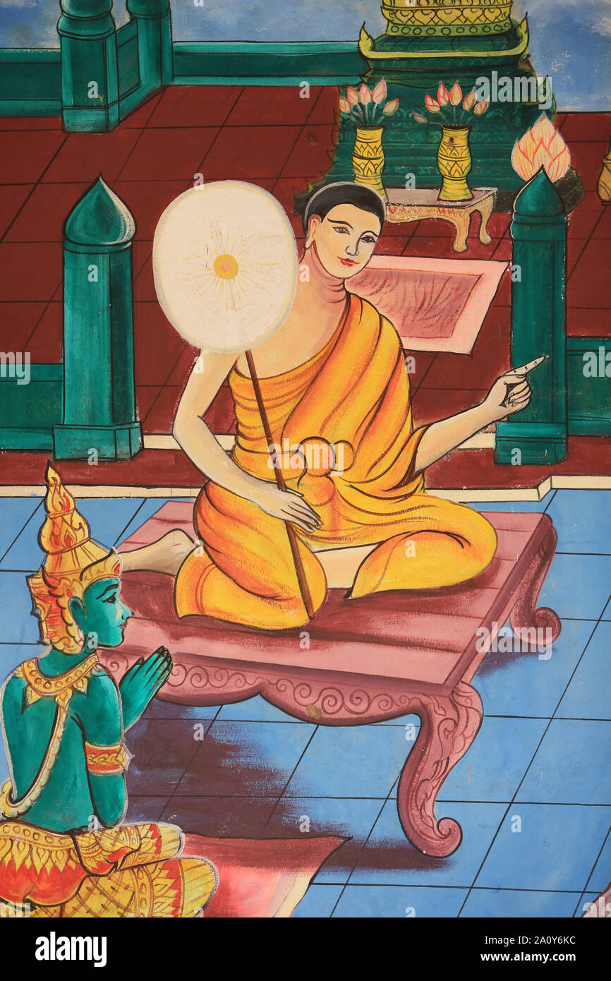 Vie de Bouddha. Peinture murale. Wat Inpeng. Vientiane. Laos. / La vida de Buda. Pinturas murales. Wat Inpeng. Ventiane. Laos. Foto de stock
