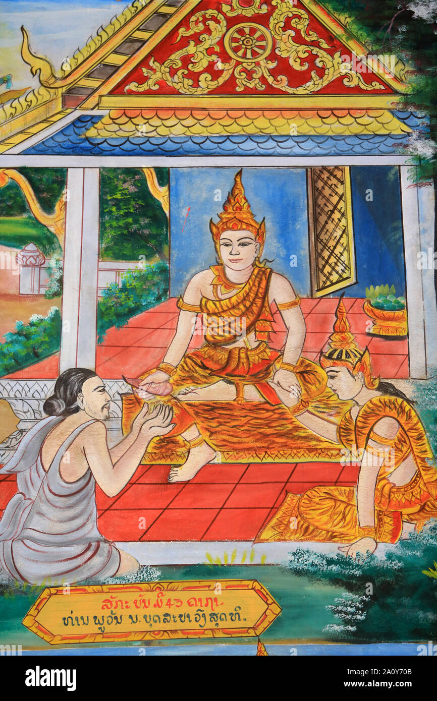 Vie de Bouddha. Peinture murale. Wat Inpeng. Vientiane. Laos. / La vida de Buda. Pinturas murales. Wat Inpeng. Ventiane. Laos. Foto de stock