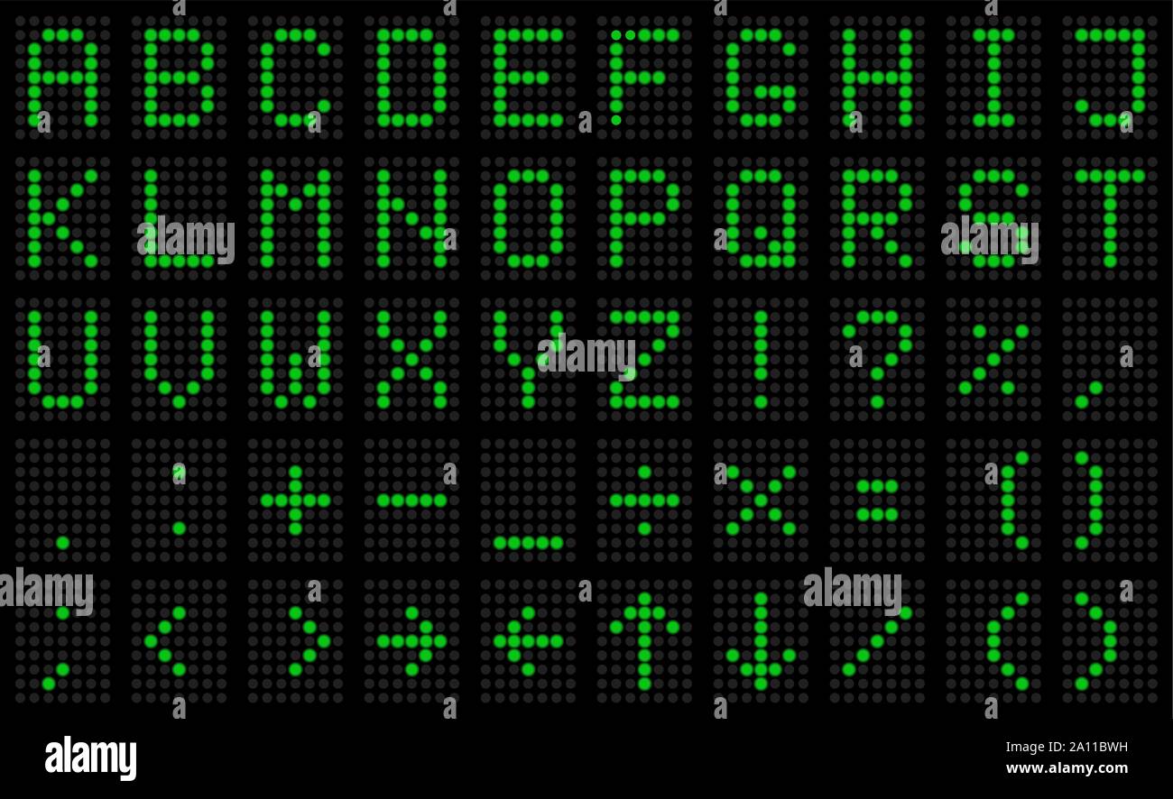 El alfabeto y los signos de puntuación en la electrónica con pantalla LED  verde fosforescente Imagen Vector de stock - Alamy