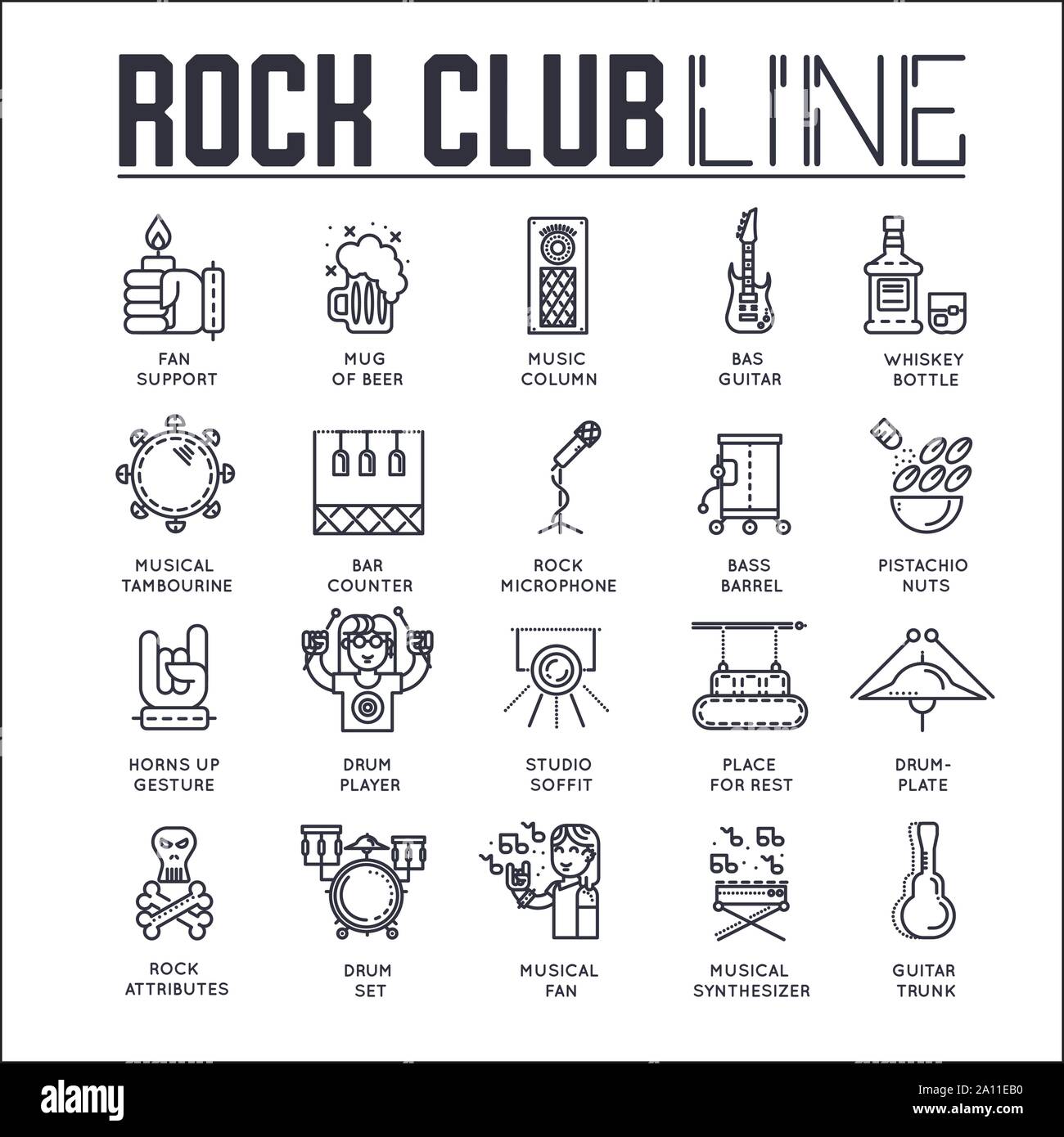 Conjunto de rock club línea delgada iconos en blanco. Festival de música  ambiente y atributos de esquema colección de pictogramas. Ventiladores,  instrumentos musicales y la comida en el bar elementos de un
