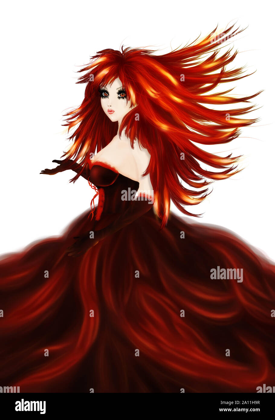 Hermosa chica con el pelo largo en el vestido rojo sobre fondo blanco  Fotografía de stock - Alamy