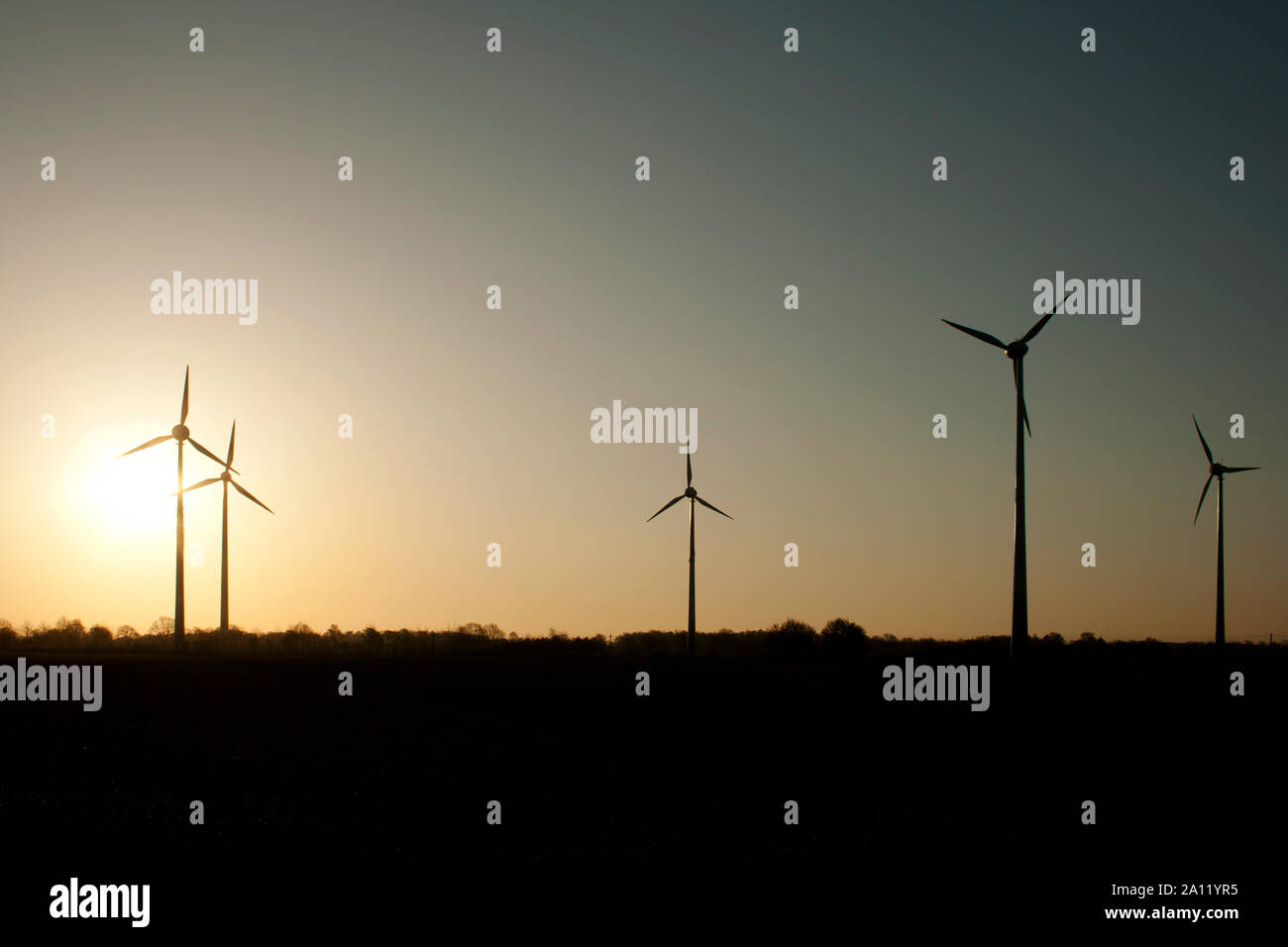 Gegenlicht Windräder auf Feld im zu Sonnenaufgang Foto de stock