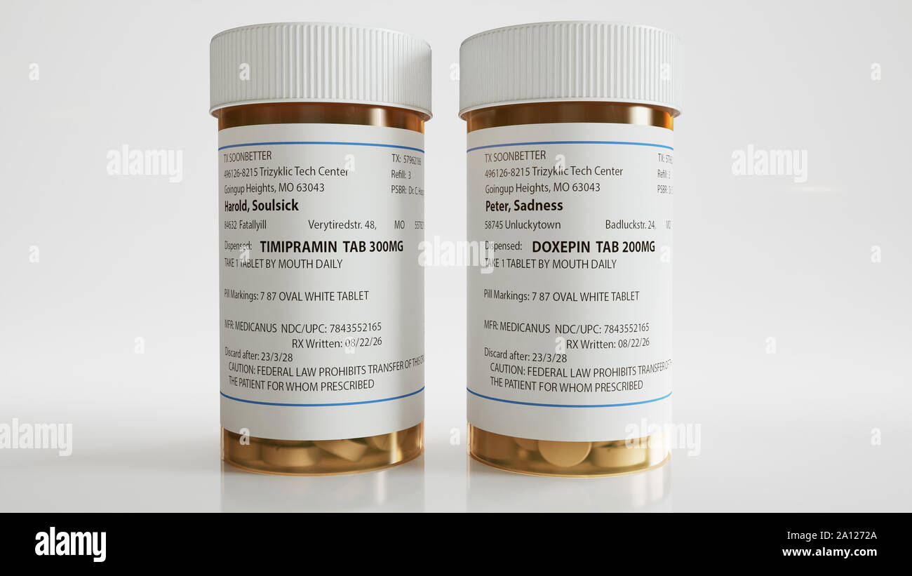 Tabletas en una lata contra la depresión - Concepto de antidepresivos y cura - 3D Rendering Foto de stock