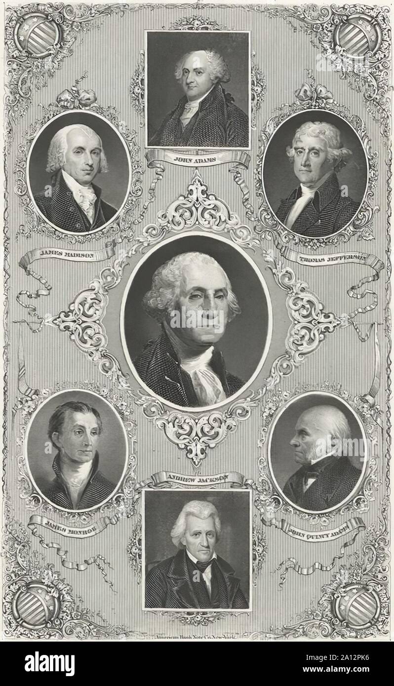 John Adams, James Madison, Thomas Jefferson, James Monroe, Andrew Jackson, John Quincy Adams en la impresión de !935 Foto de stock