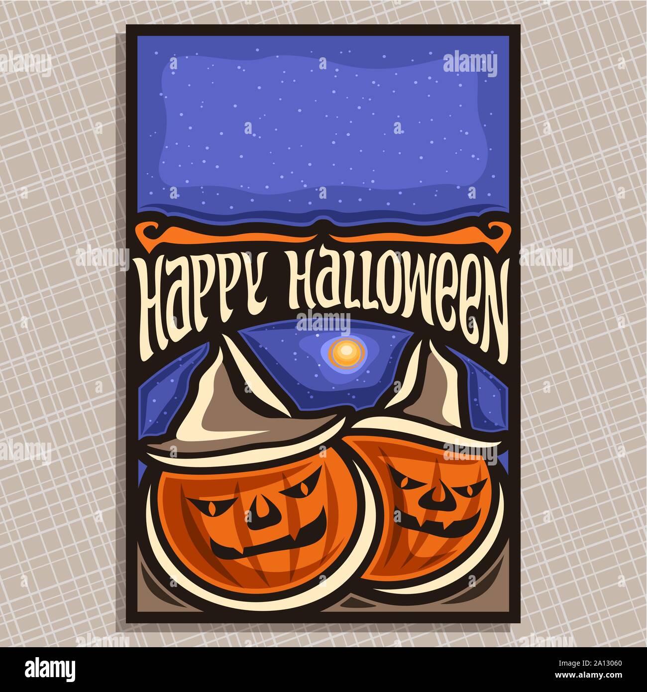 Póster de vectores para la fiesta de Halloween: cubierta con 2 naranja  jack-o-lantern, calabazas en sombreros, tipografía font para la cotización  de Feliz Halloween, encima de plantil Imagen Vector de stock -