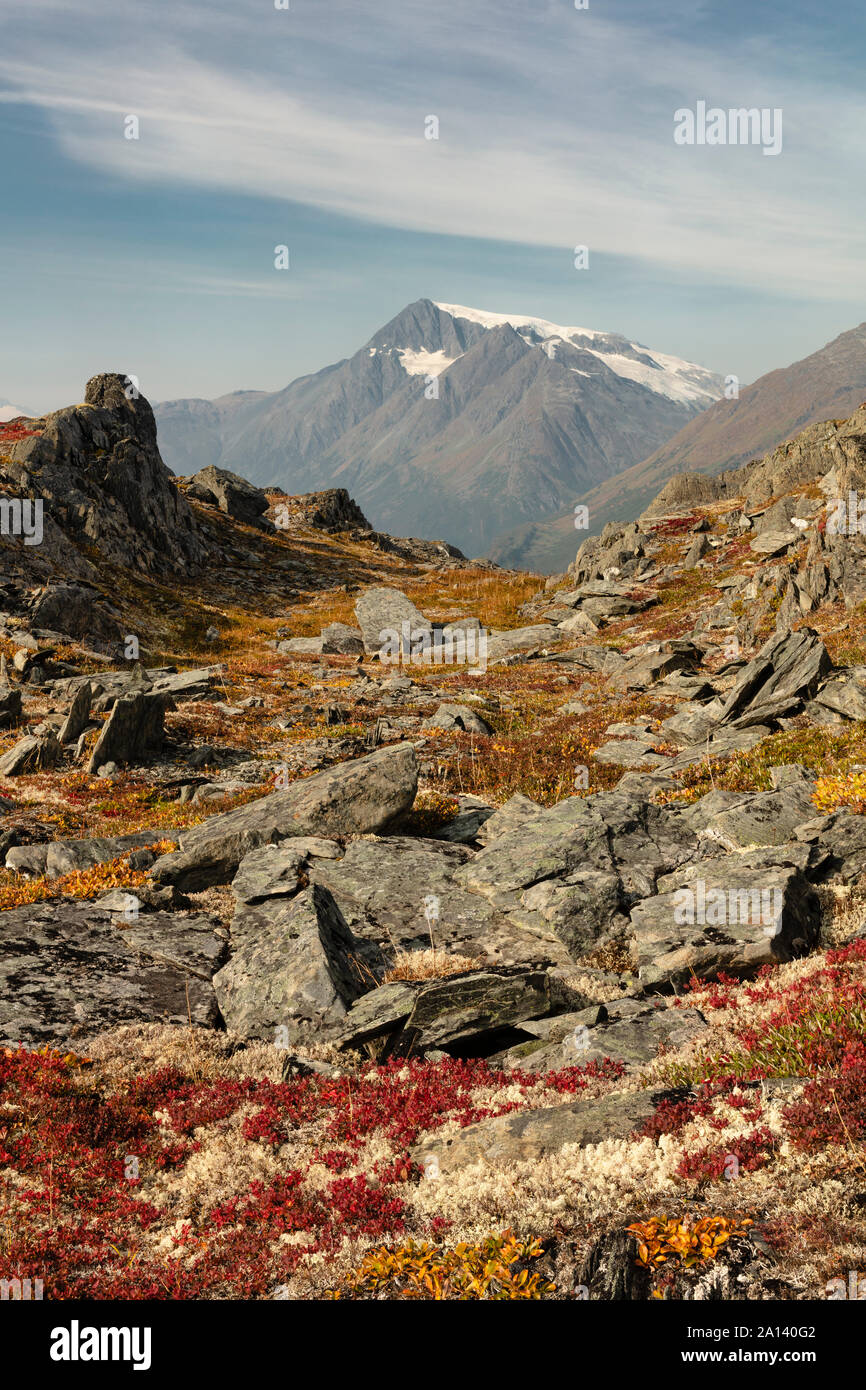 Glaciar Hogback visto desde una cresta alpino en Thompson Pass en Southcentral Alaska. Foto de stock