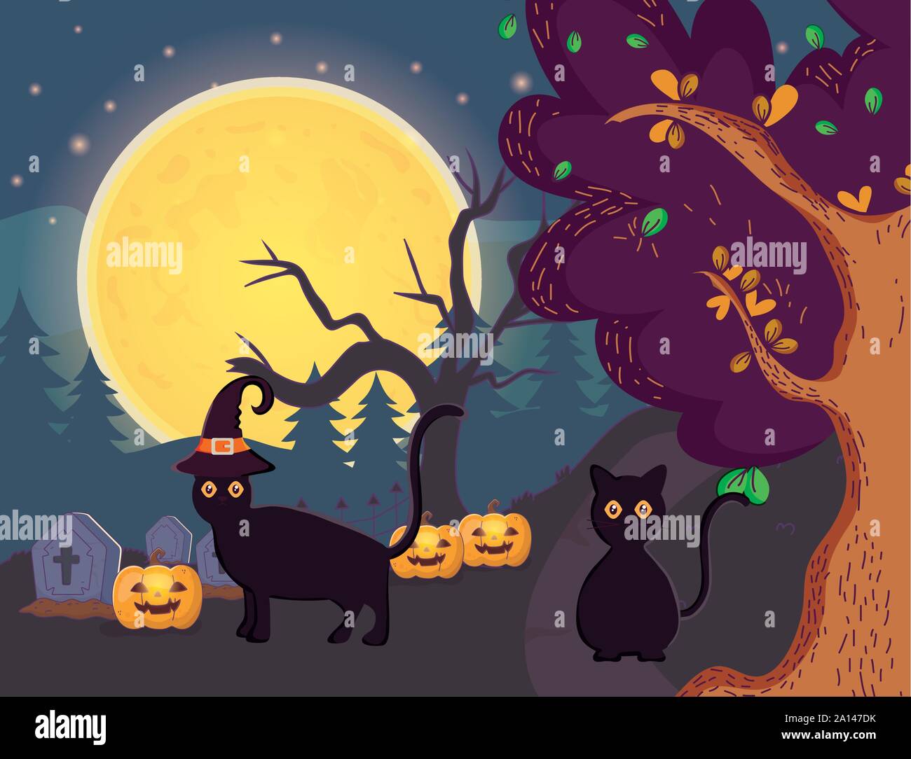 Los gatos negros lápidas árbol calabaza trick or treat Feliz