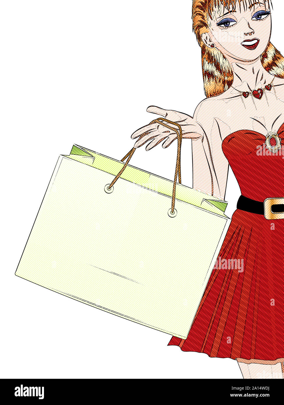 Mujer de dibujos animados en el vestido rojo con bolsas de compras en estilo retro de semitonos Fotografía de stock - Alamy Mujer de dibujos animados en el vestido rojo con bolsas de compras en estilo retro de semitonos Fotografía de stock - Alamy