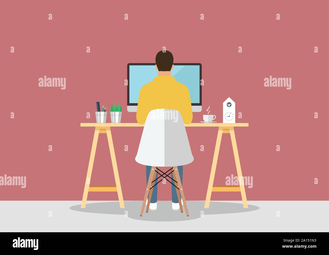 Hombre trabajando en un equipo en el lugar de trabajo moderno. Ilustración vectorial Ilustración del Vector