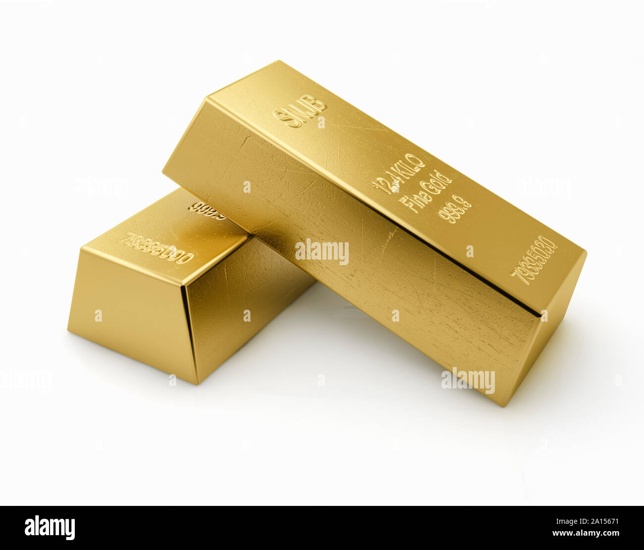 Dos barras de oro lingotes sobre un fondo blanco. Foto de stock