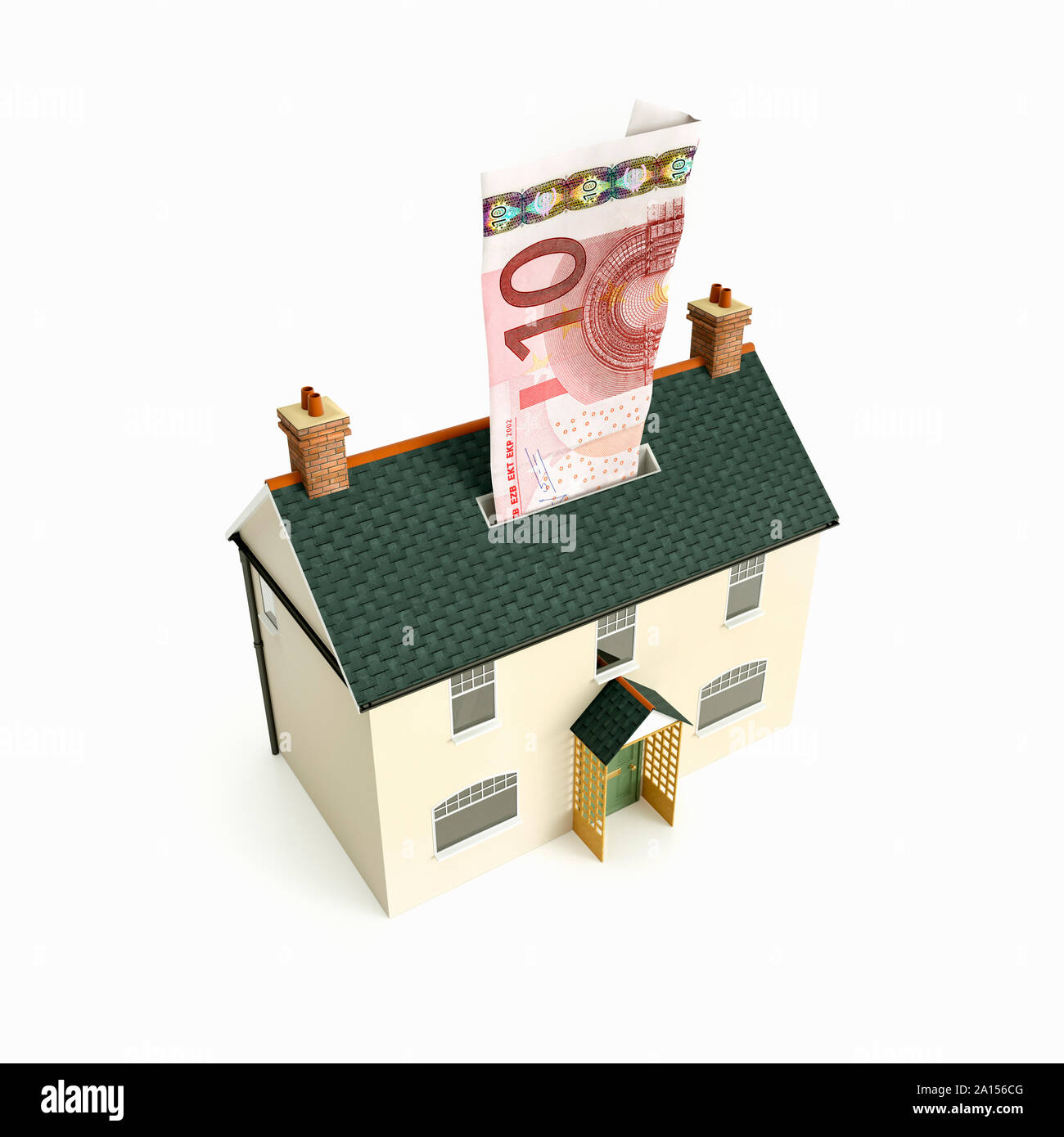 Caja de dinero casa con 10 Euros nota billetes de moneda Foto de stock