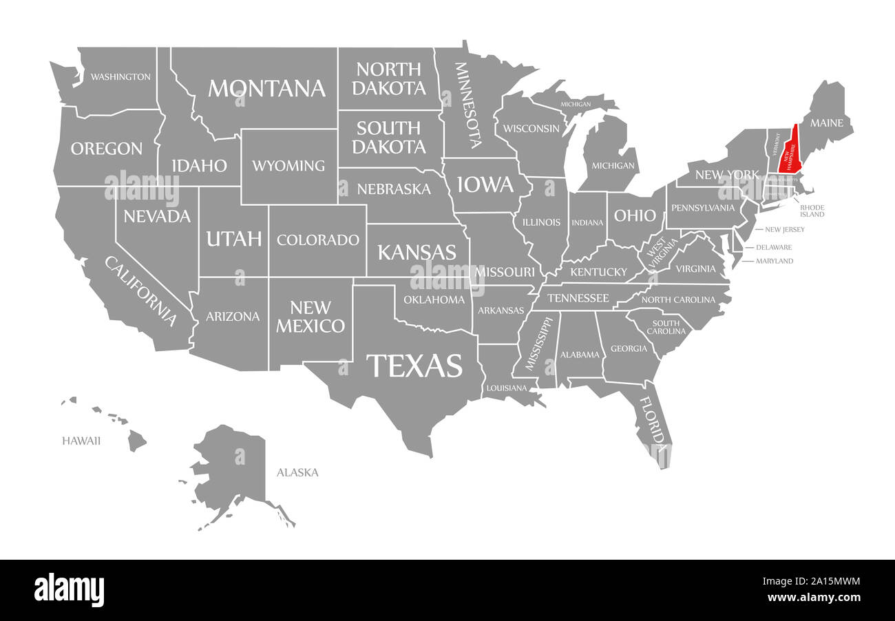 New Hampshire resaltada en rojo en el mapa de los Estados Unidos de América Foto de stock