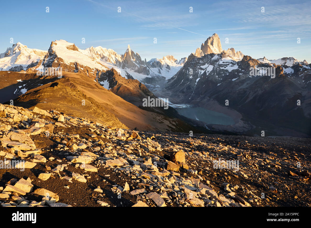 Fitz Roy y el Cerro Torre, las montañas del Parque Nacional Los Glaciares, Patagonia, Argentina Foto de stock