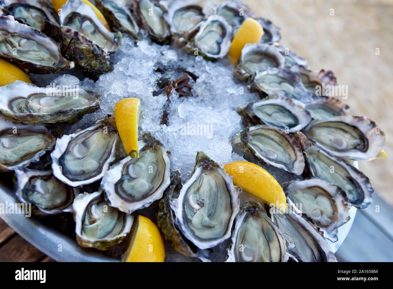 Las ostras de limón y hielo en una placa en un restaurante francés Foto de stock