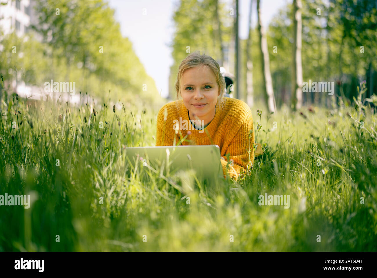 Retrato de mujer sonriente tumbado en una pradera utilización portátil Foto de stock