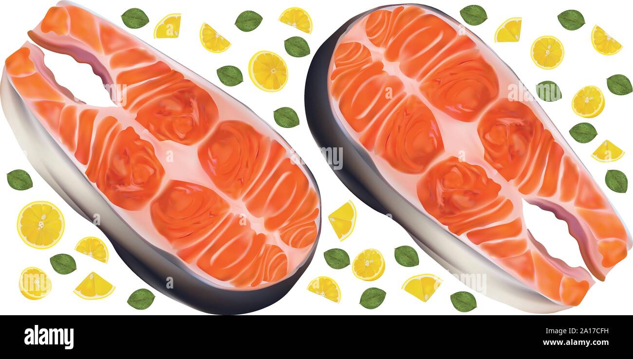 Salmón filetes de pescado crudo con limón. Pez Rojo, delicadeza. Filete