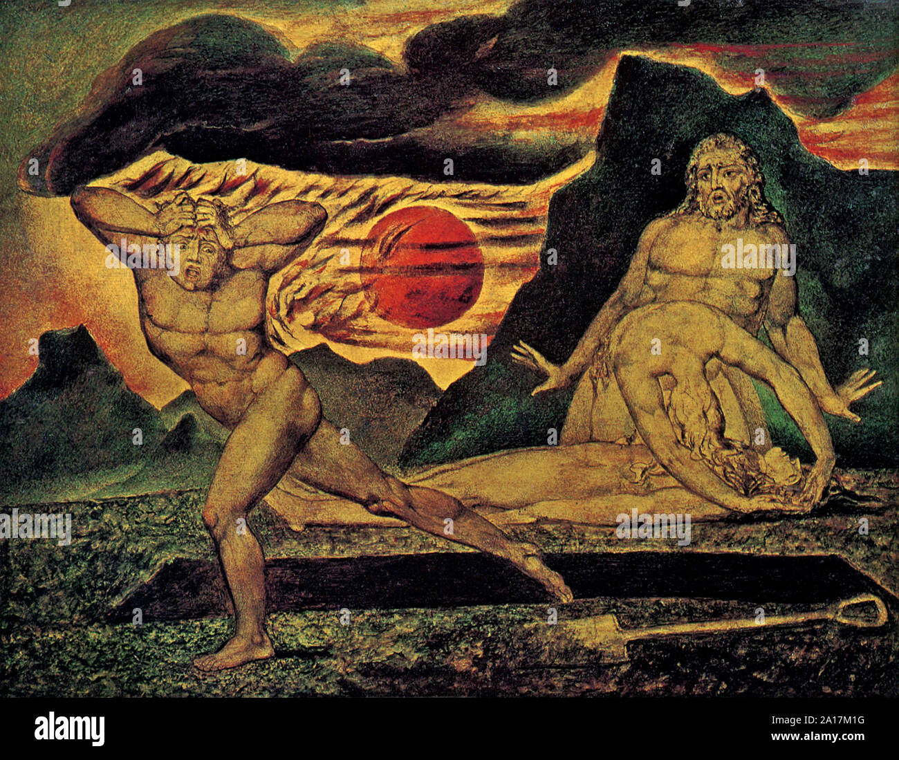 Caín huyendo de Abel por William Blake 1826 El cuerpo de Abel encontrados por Adán y Eva. Foto de stock