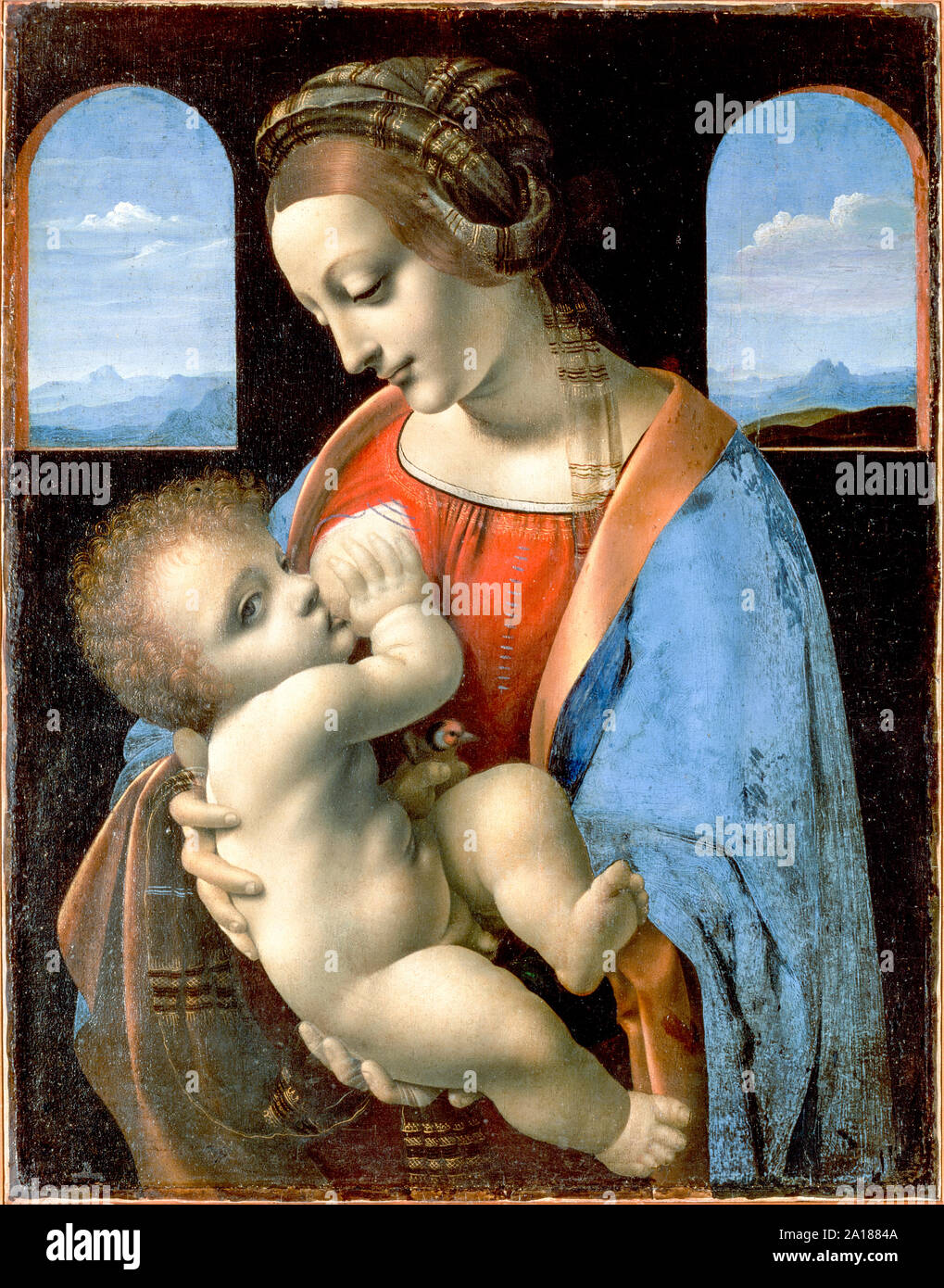 Madonna Litta de Leonardo da Vinci (1452-1519) pintó circa 1490 mostrando la Virgen María amamantando al niño Cristo quien sostiene un jilguero en su mano izquierda, símbolo de su futura pasión. Foto de stock