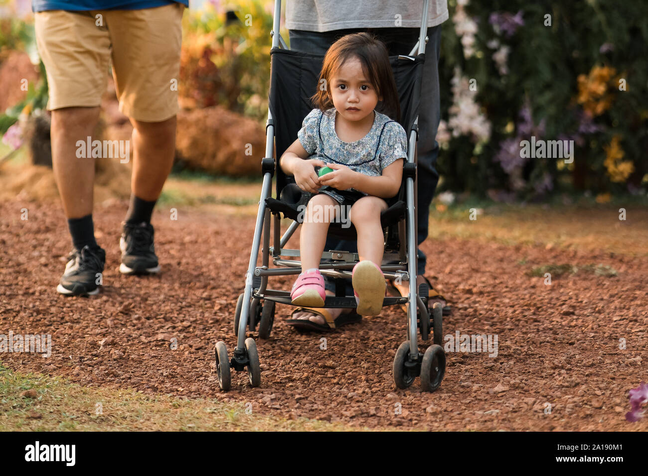 Niño asiático en el cochecito en el parque. Foto de stock