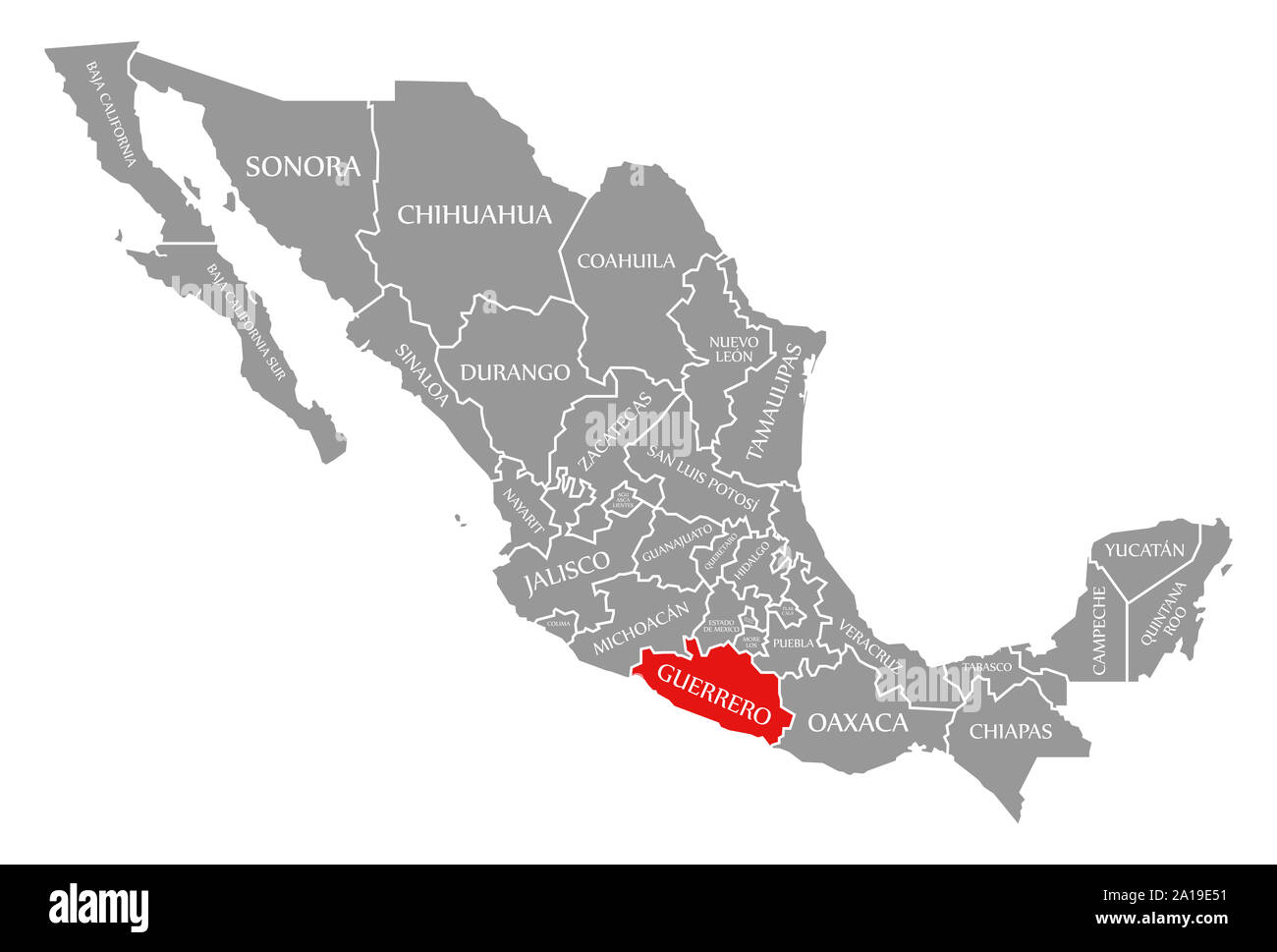Mapa De Guerrero Mexico Guerrero Resaltada En Rojo En El Mapa De México Fotografía De Stock - Alamy