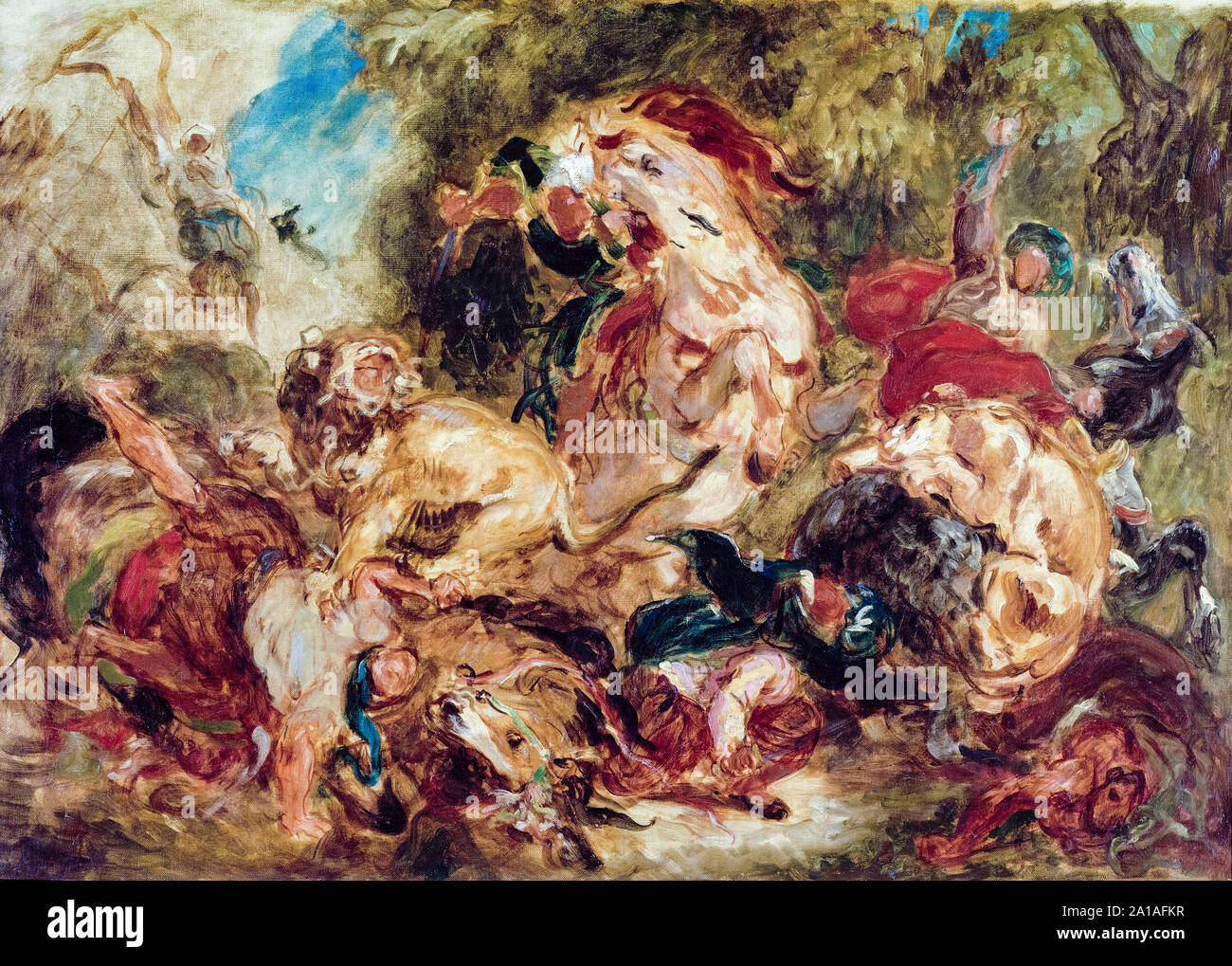 Eugène Delacroix, La caza de leones, pintura, dibujo, circa 1854 Foto de stock