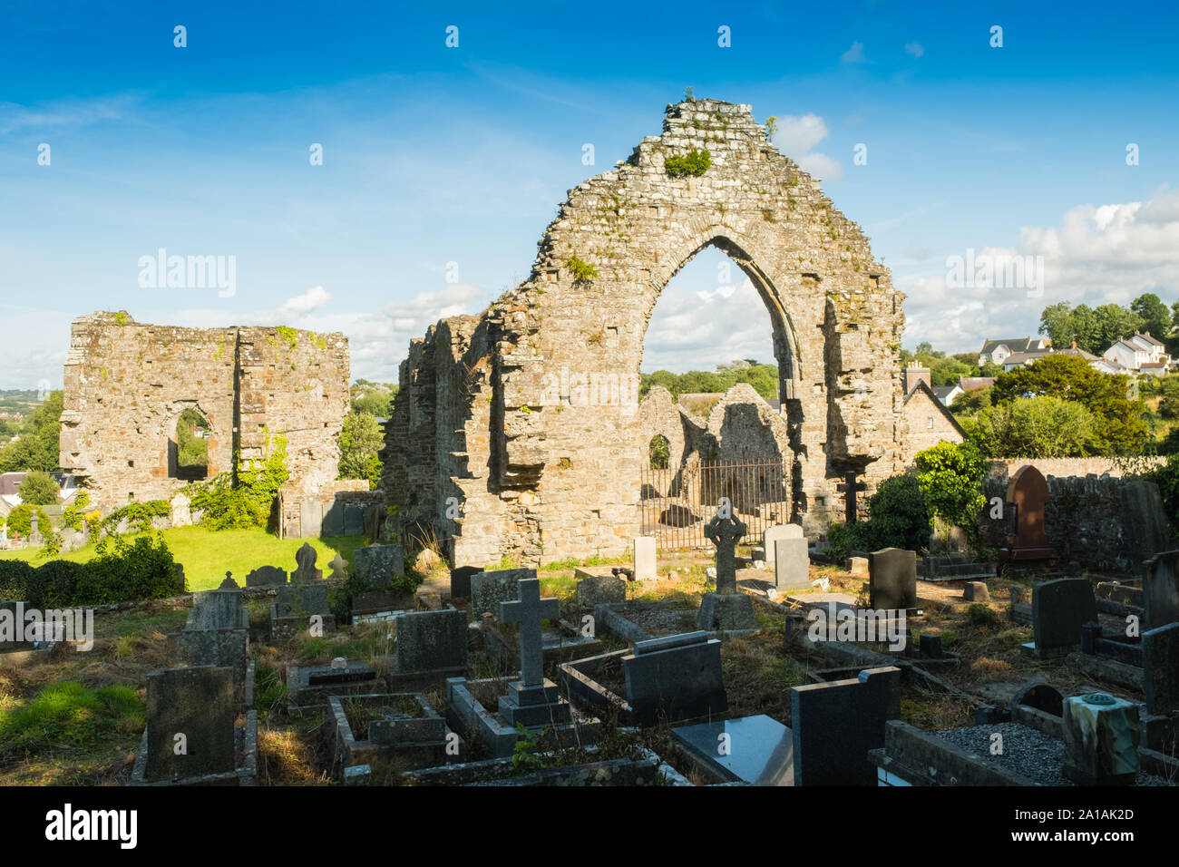 Las impresionantes ruinas de la Abadía de Dogmael St, en el del río Teifi bankks en St Dogmaels, Cardigan, en Gales. Fundada en 1120 en el sitio de una anterior iglesia pre-normando, St Dogmael su estatus como un centro religioso puede verse en ruinas extensas que abarcan cuatro siglos de la vida monástica. Elementos de la iglesia y el claustro son del siglo XII en origen, mientras que el oeste y el norte de los altos muros de la nave son del siglo 13. Hay un elegante pórtico norte con 14th-century decoración y un transepto norte, construido en la época Tudor. Foto de stock