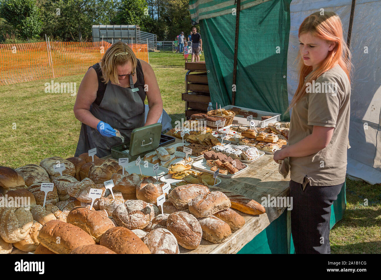 Panes y pasteles preparados localmente son ofrecidos para la venta en un stand en Belbroughton Espantapájaros Festival. Foto de stock