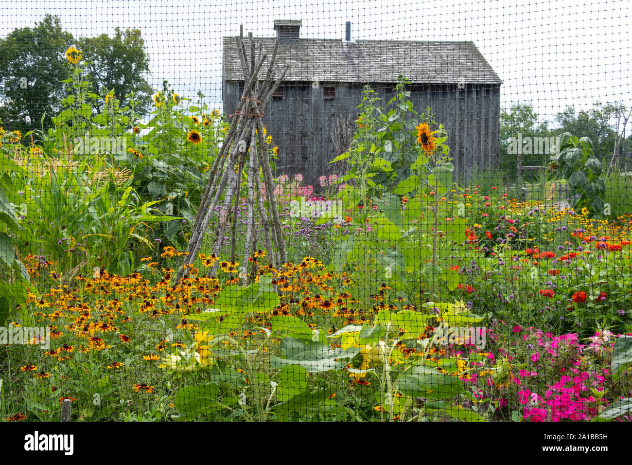 Un jardín lleno de flores en el Museo de Agricultores en Cooperstown, Nueva York, EE.UU. Foto de stock