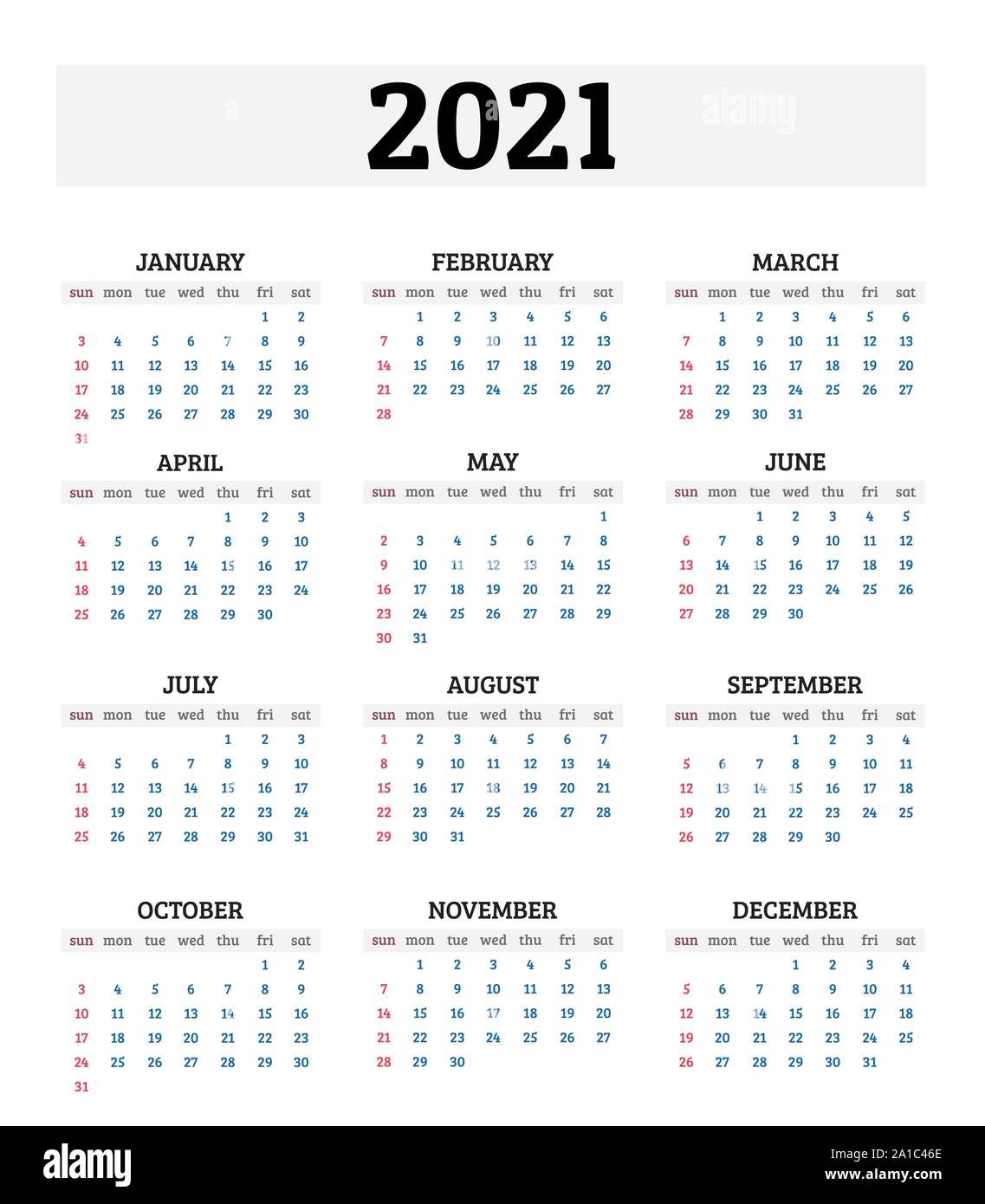 2021 calendario anual. Ilustración vectorial Ilustración del Vector