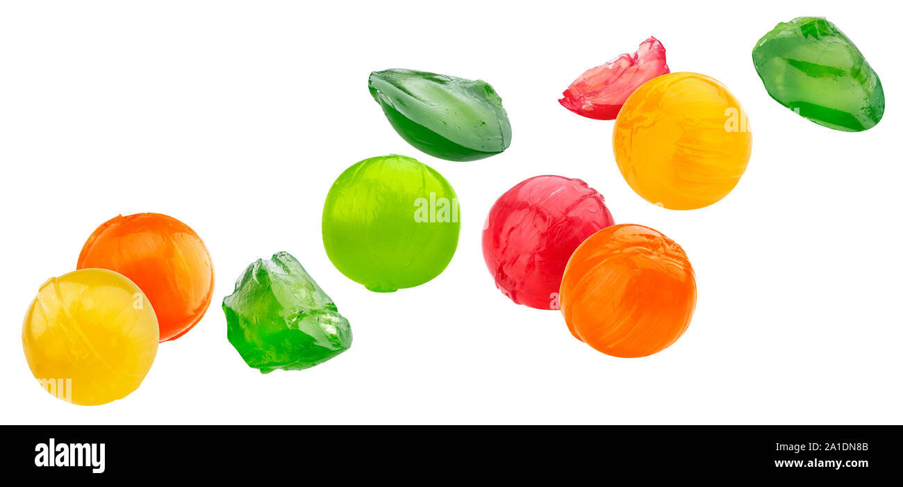 Lollipop dulce multicolor conjunto y mordido trozos conjunto aislado sobre fondo blanco. Foto de stock