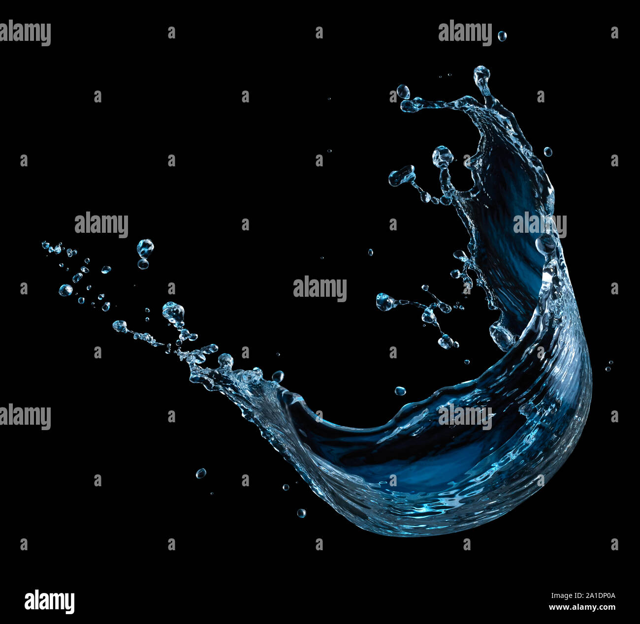 Blue Water Splash aislado sobre fondo negro Foto de stock