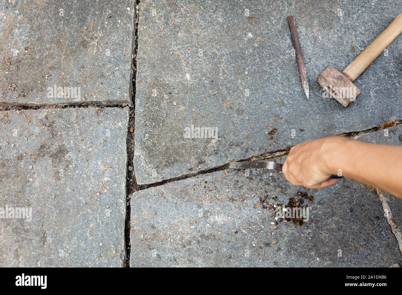 El hombre es la limpieza de las juntas de mortero de una losa de piso de  piedra con mason, herramientas como martillo y cincel, preparándose para la  lechada fresca Fotografía de stock -
